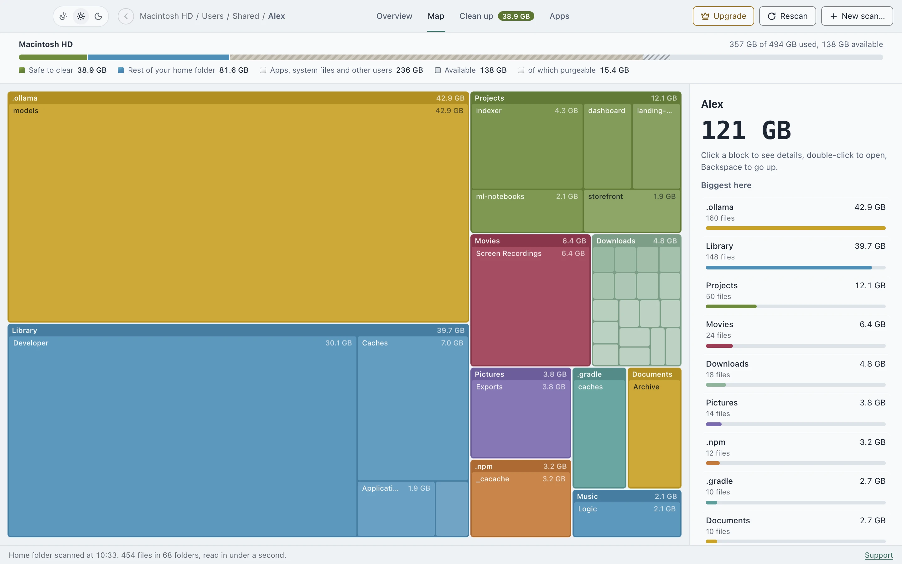 DiskApp's Map: a treemap of every folder in the home folder, sized by what it holds